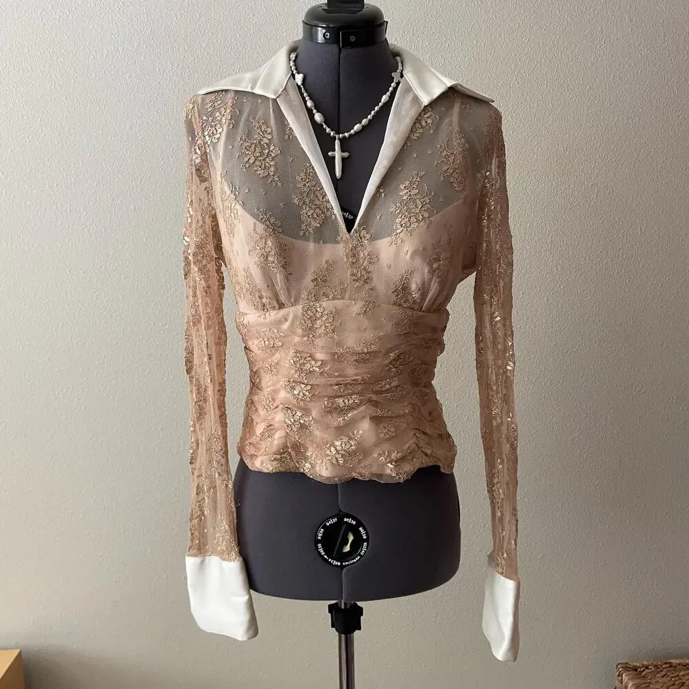 90s vintage gold lace sheer long sleeve collared top glam it girl - Picture 1 of 9